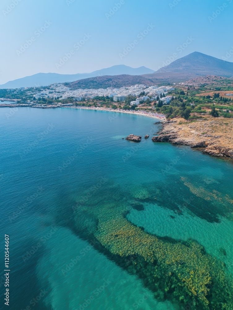 Obraz premium Aerial drone photo of beautiful emerald seascape of Porto Rafti, Mesogeia, Attica, Greece