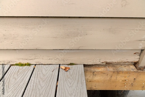 Wood Siding on House shows peeling and cracked painting and early signs of decay and rot