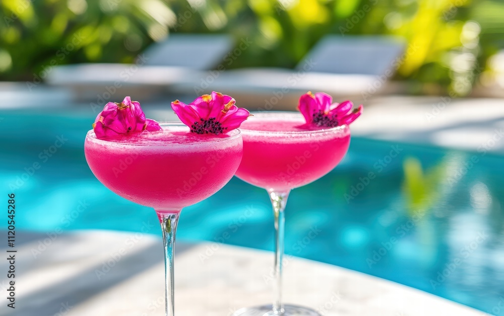 Flying dragonfruit cocktails with vibrant pink drinks, set against a modern poolside lounge with tropical accents Flying dragonfruit cocktails with vibrant pink drinks, set against a modern poolside lounge with tropical accents