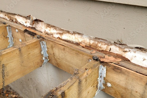 Deck Ledger Board Incorrectly Installed over Wood Siding has led to Extensive Dry Rot and Damage
