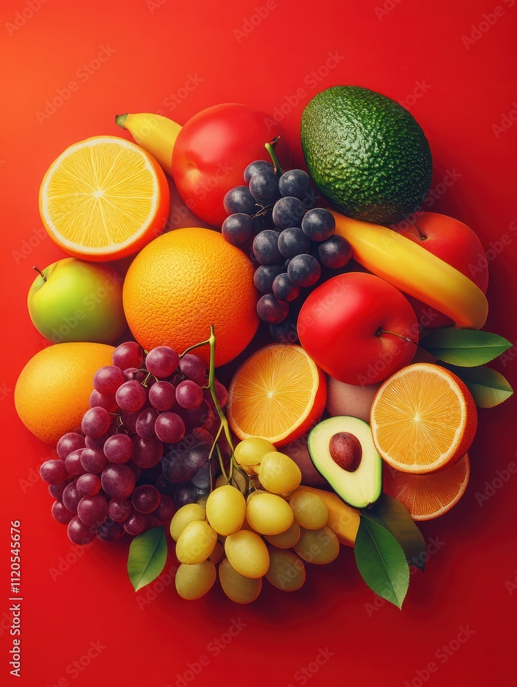 Assorted healthy citrus fruits on bright red background. Ripe peaches, apples, oranges, bananas, grapes and avocado for your healthy nutrition. Set of nutritious food. Balanced diet, clean eating.