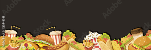 Illustration of burgers, pizza, hot dogs, fries, popcorn, and drinks on a dark background, representing fast food variety. Vector illustration.