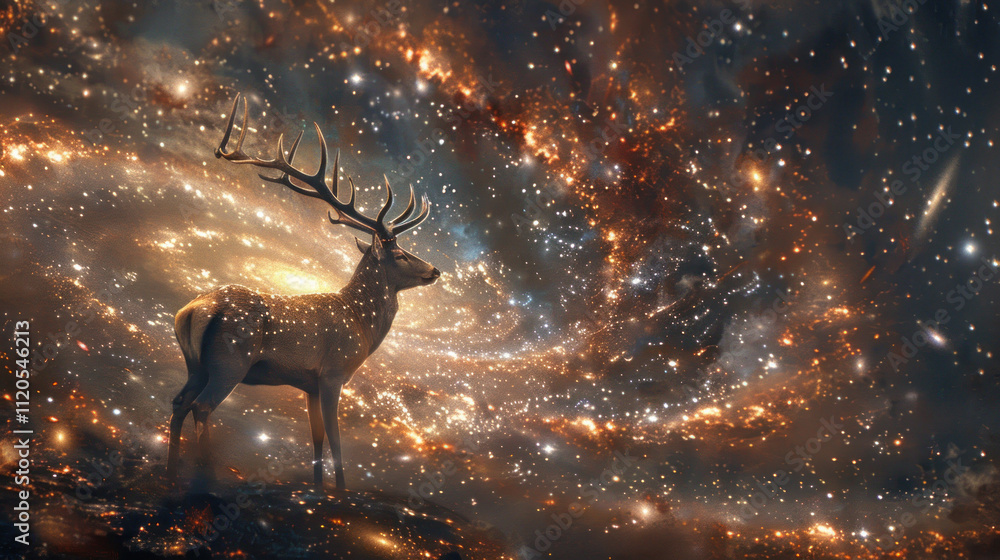 A deer with glowing antlers standing beneath a swirling galaxy, with stars and constellations forming its celestial backdrop A deer with glowing antlers standing beneath a swirling galaxy, with stars and constellations forming its celestial backdrop