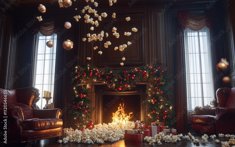 Fototapeta premium Flying popcorn and cranberries on a garland in a classic Christmas room