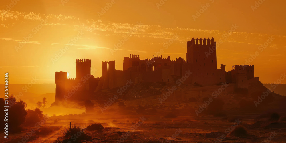 A desert castle at dusk, with warm orange hues and shadowy towers A desert castle at dusk, with warm orange hues and shadowy towers