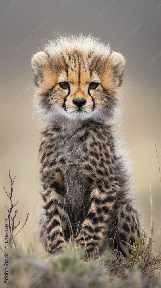 playful cheetah cub with spotted fur sits calmly in nature