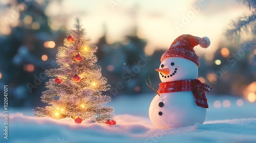 A Christmas tree and snowman together, creating a classic and festive winter scene. photo