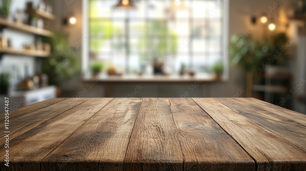 Rustic wooden table in blurred kitchen background. (1) Rustic wooden table in blurred kitchen background. (1)