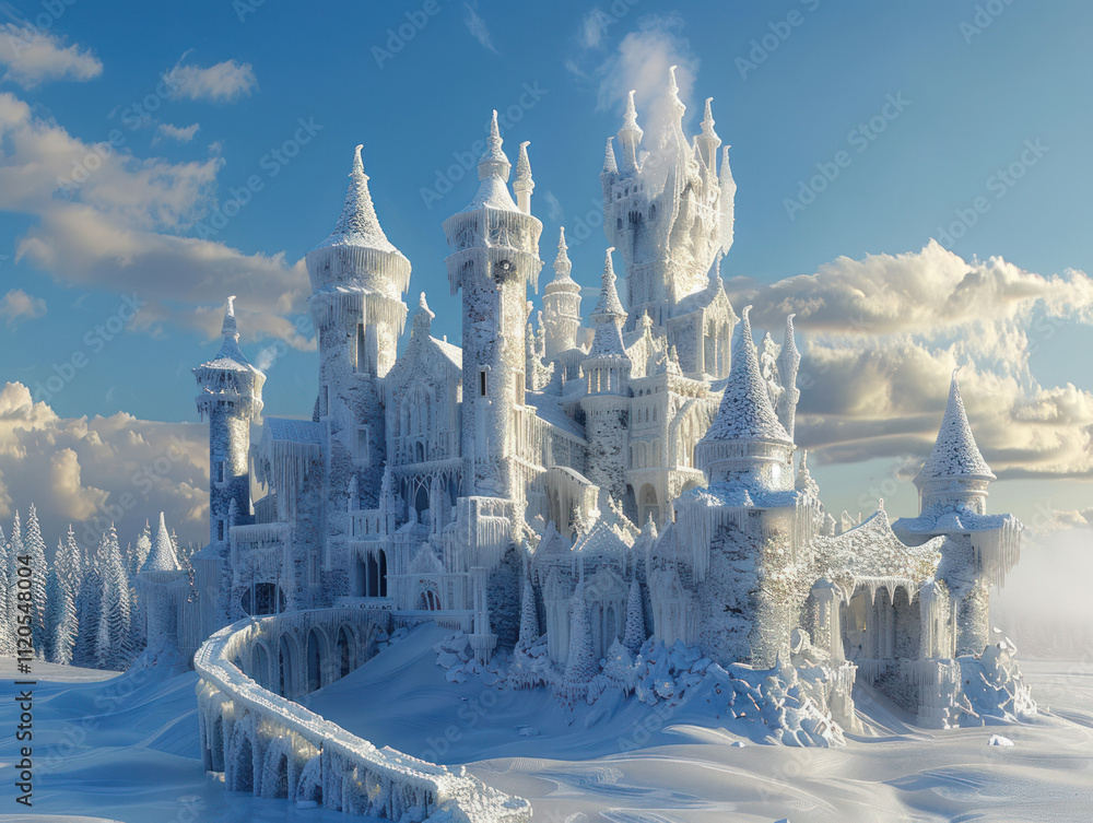 A detailed ice castle with frosty turrets and icy carvings, glistening under sunlight A detailed ice castle with frosty turrets and icy carvings, glistening under sunlight