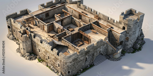 A digital 3D visualization of a castle floor plan, rotating to reveal structural layers photo