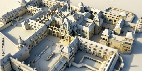 A digital 3D visualization of a castle floor plan, rotating to reveal structural layers photo