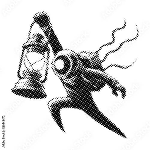 spaceman holding a vintage-style oil lamp, fantasy retro halftone style illustration, stipple effect design