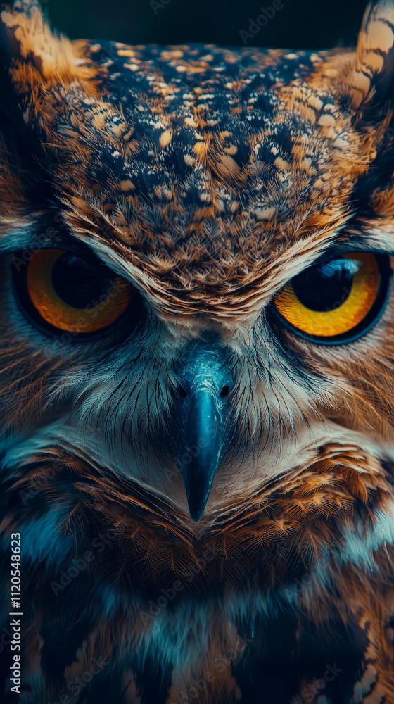 Intense gaze of nocturnal owl with striking yellow eyes and detailed feathers Intense gaze of nocturnal owl with striking yellow eyes and detailed feathers