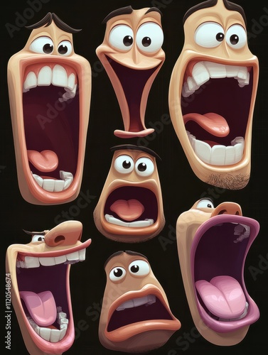 Cartoon talking mouth and lips expressions animations poses. Accent and pronunciation speak, tongue and articulate illustration