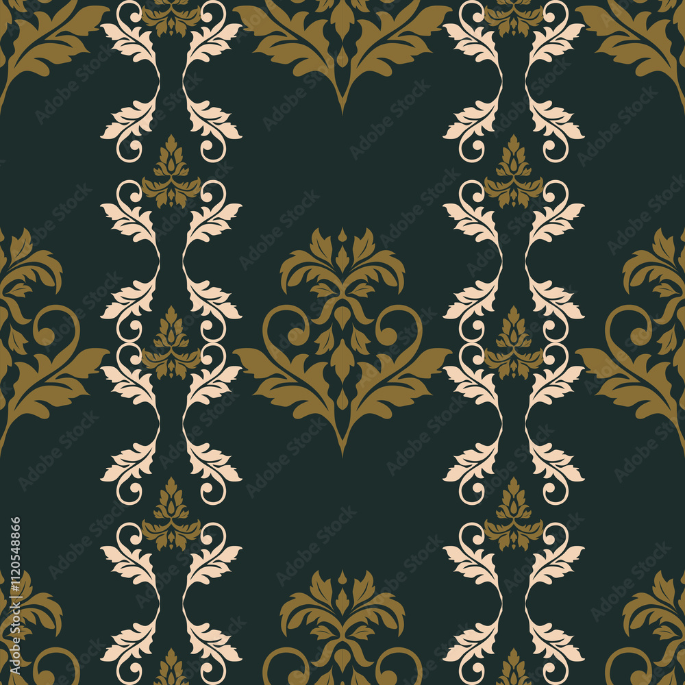 Elegant damask pattern featuring intricate floral designs in gold and cream on dark green background, perfect for textiles and wallpapers Elegant damask pattern featuring intricate floral designs in gold and cream on dark green background, perfect for textiles and wallpapers