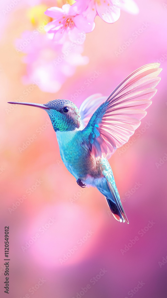 Fototapeta premium vibrant hummingbird in flight, showcasing colorful wings and flowers