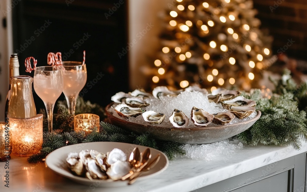 Holiday-inspired oyster bar setup with ice, decorations, and serving utensils Holiday-inspired oyster bar setup with ice, decorations, and serving utensils