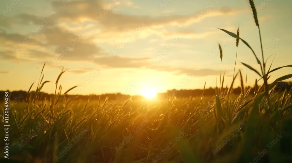 Vibrant wheat fields dance in the breeze as the sun rises on the horizon, casting warm light and creating a calm atmosphere filled with scattered clouds Vibrant wheat fields dance in the breeze as the sun rises on the horizon, casting warm light and creating a calm atmosphere filled with scattered clouds