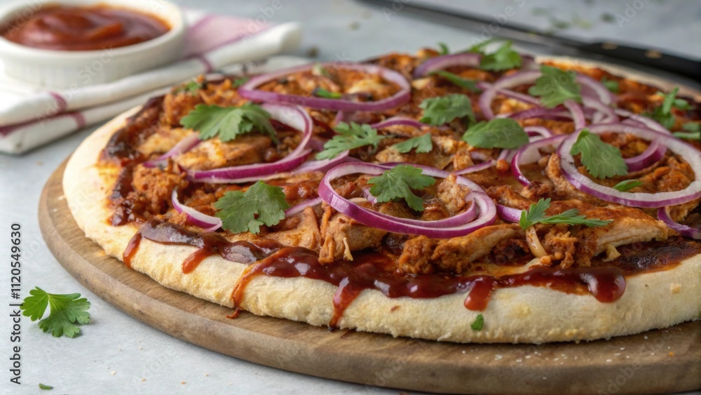 A prepared pizza features a unique combination of toppings on a traditional crust. The base is generously layered with a y barbecue sauce topped with shredded chicken and sliced A prepared pizza features a unique combination of toppings on a traditional crust. The base is generously layered with a y barbecue sauce topped with shredded chicken and sliced