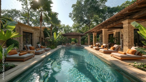 Wallpaper Mural Luxury resort pool with lounge chairs, lush tropical landscaping, and Spanish-style architecture. Torontodigital.ca