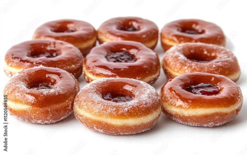 Jelly donuts with powdered sugar and jam filling oozing out on white background Jelly donuts with powdered sugar and jam filling oozing out on white background