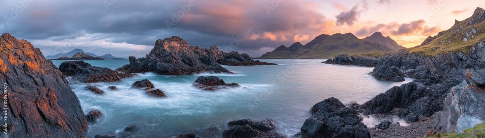 Obraz premium Dramatic Coastal Sunset Over Rugged Mountains And Rocks