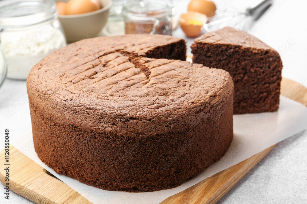 Cut chocolate sponge cake on light table, closeup Cut chocolate sponge cake on light table, closeup