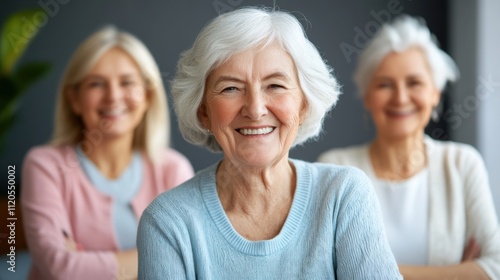 Joyful Group of Senior Women Smiling Together in a Bright Indoor Space, Emphasizing Friendship and Community among Older Adults, Happiness and Connection