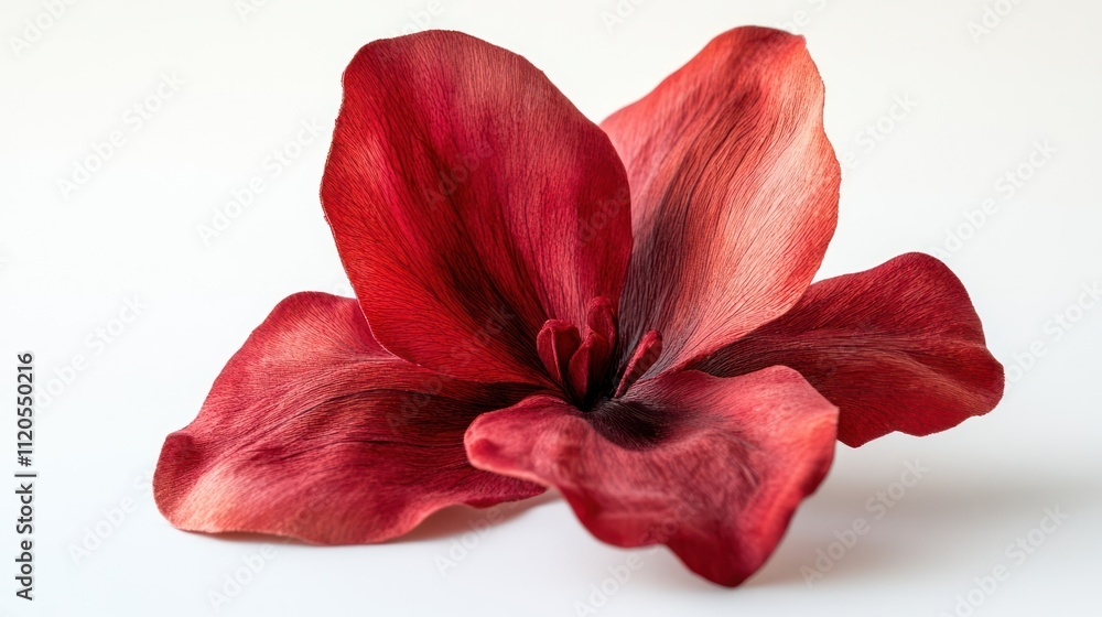 Close-up of a single vibrant red flower isolated on white, showcasing intricate petal details for creative projects Close-up of a single vibrant red flower isolated on white, showcasing intricate petal details for creative projects