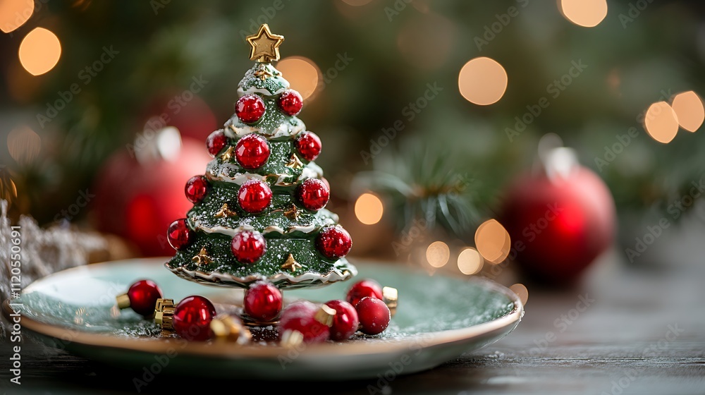 A Christmas tree decoration arranged on a plate in a retro aesthetic style, perfect for a New Year party background. A Christmas tree decoration arranged on a plate in a retro aesthetic style, perfect for a New Year party background.
