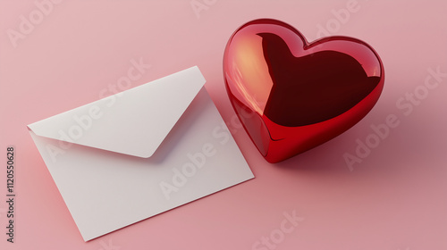 Shiny red heart next to a vibrant red envelope on a soft pink background for valentines day