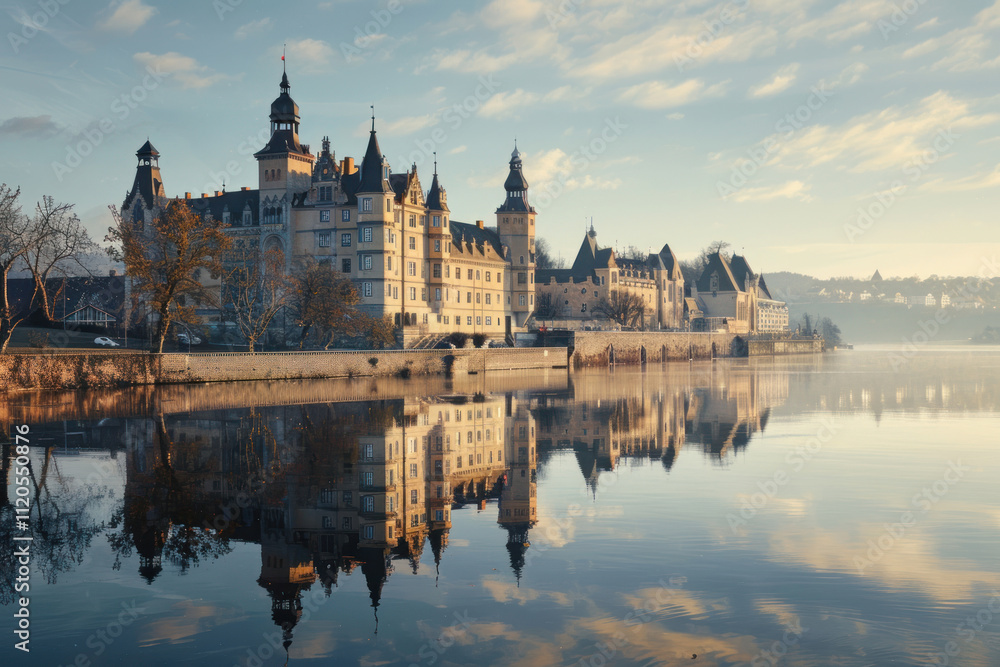 A European castle on a riverside with a reflection shimmering in the water A European castle on a riverside with a reflection shimmering in the water
