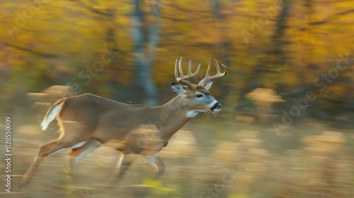 A dynamic shot of a deer running through an open field, with motion blur emphasizing its speed and grace photo