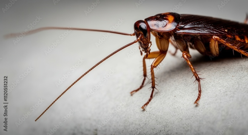 Close-up of a brown cockroach with detailed antennae and body texture on a light surface, AI Close-up of a brown cockroach with detailed antennae and body texture on a light surface, AI