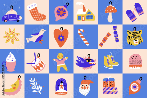 Geometric christmas seamless pattern with Santa, dragon, gingerbread. Abstract xmas background with traditional winter decoration. Cartoon vector illustration..