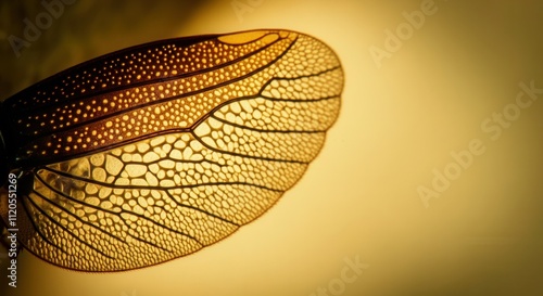 Close-up of a translucent insect wing with intricate vein patterns illuminated by warm light, AI photo