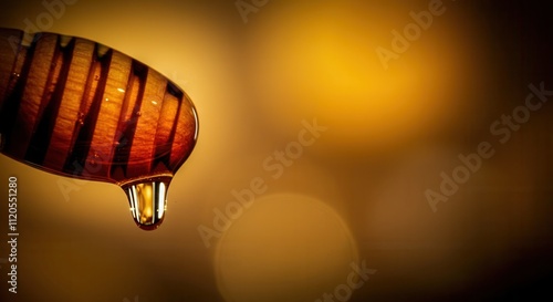 Honey dripping from a honey dipper against a warm golden background, symbolizing sweetness and natural purity, AI photo