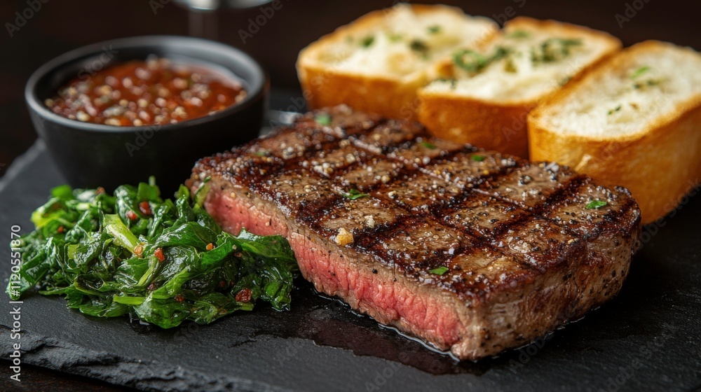 Perfect Medium-Rare Steak on a Rustic Wooden Board with Rosemary, Bread, and Red Wine: A Fine Dining Experience Perfect Medium-Rare Steak on a Rustic Wooden Board with Rosemary, Bread, and Red Wine: A Fine Dining Experience