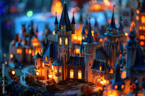 A fantasy-themed miniature castle with glowing lights and magical decorations