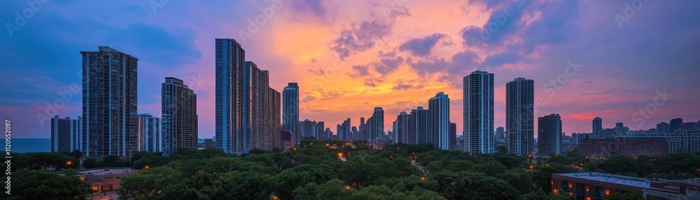 City Skyline Sunset Dramatic Skyscrapers Illumination City Skyline Sunset Dramatic Skyscrapers Illumination