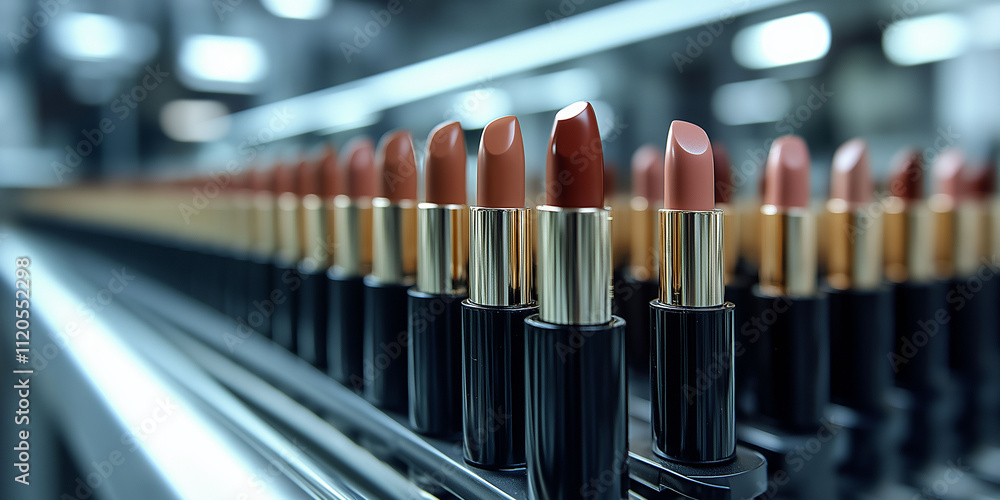 Rows of lipstick tubes ready for distribution in a cosmetics manufacturing facility Rows of lipstick tubes ready for distribution in a cosmetics manufacturing facility