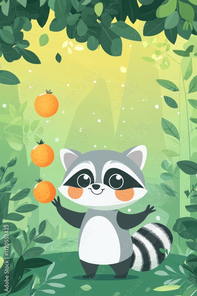 Naklejka premium A mischievous raccoon juggling fruits under a glowing canopy of trees, colors popping against a lush green background.