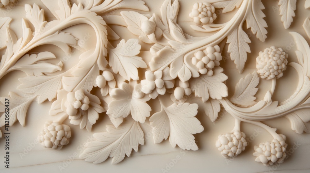 Close-up view of a decorative marble panel with detailed white floral carvings. Soft natural light highlights the craftsmanship and shadows create depth Close-up view of a decorative marble panel with detailed white floral carvings. Soft natural light highlights the craftsmanship and shadows create depth