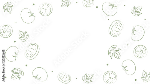 Vector illustration. Juicy summer background with copy space for text. Pattern of halves, slices and leaves of tomatoes. Sketch style. Hand drawn kitchen ingredients pattern for culinary themes.