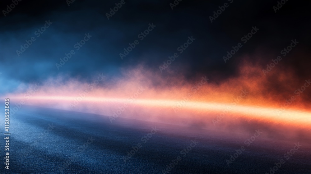 Fototapeta premium Close-up shot reveals luminous pink and orange beams crossing a rich blue background, generating a striking visual effect with ample copy space on the right