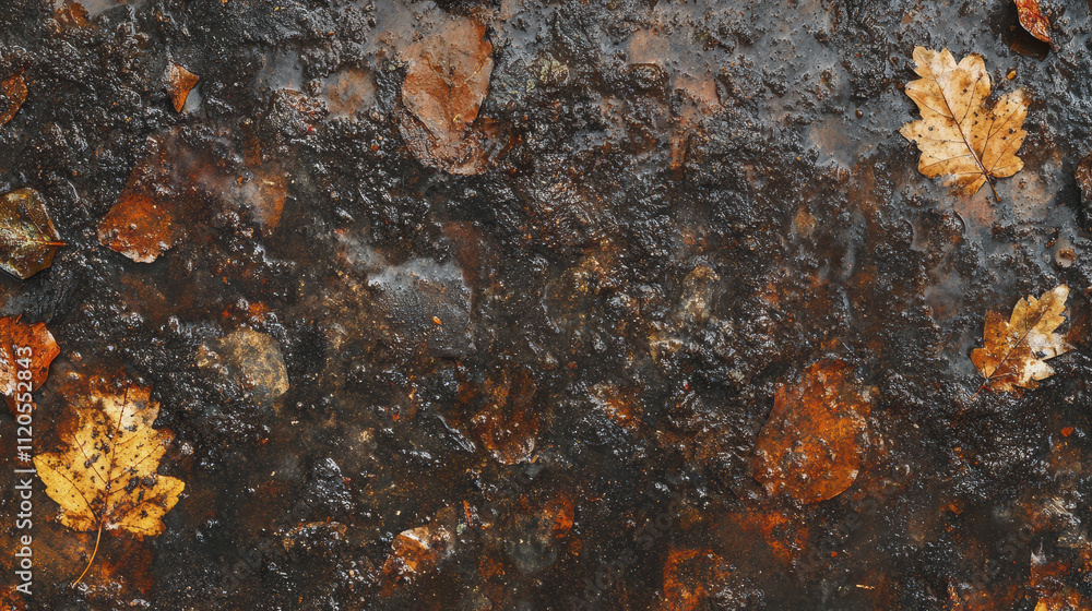 Seamless texture of rain soaked forest floor with wet leaves and mud, creating rich, earthy atmosphere. combination of colors and textures evokes sense of nature beauty Seamless texture of rain soaked forest floor with wet leaves and mud, creating rich, earthy atmosphere. combination of colors and textures evokes sense of nature beauty