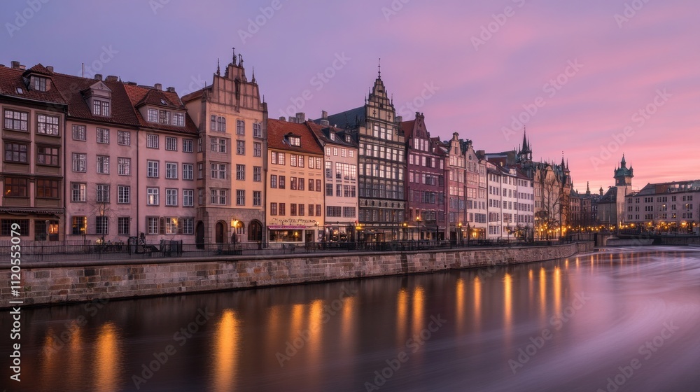 Gdansk Waterfront Buildings at Sunset Golden Hour Gdansk Waterfront Buildings at Sunset Golden Hour
