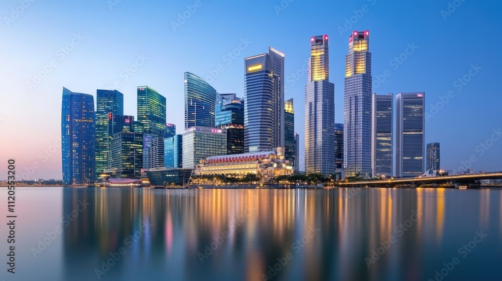 Naklejka premium Singapore Skyline Cityscape Evening Illumination