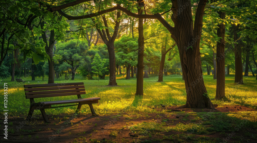 A forgotten bench in a small urban park, shaded by tall trees under the soft glow of dusk A forgotten bench in a small urban park, shaded by tall trees under the soft glow of dusk