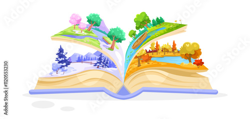 Open book featuring colorful landscapes of four seasons - spring, summer, autumn, and winter, on a white background. Concept of nature. Vector illustration.